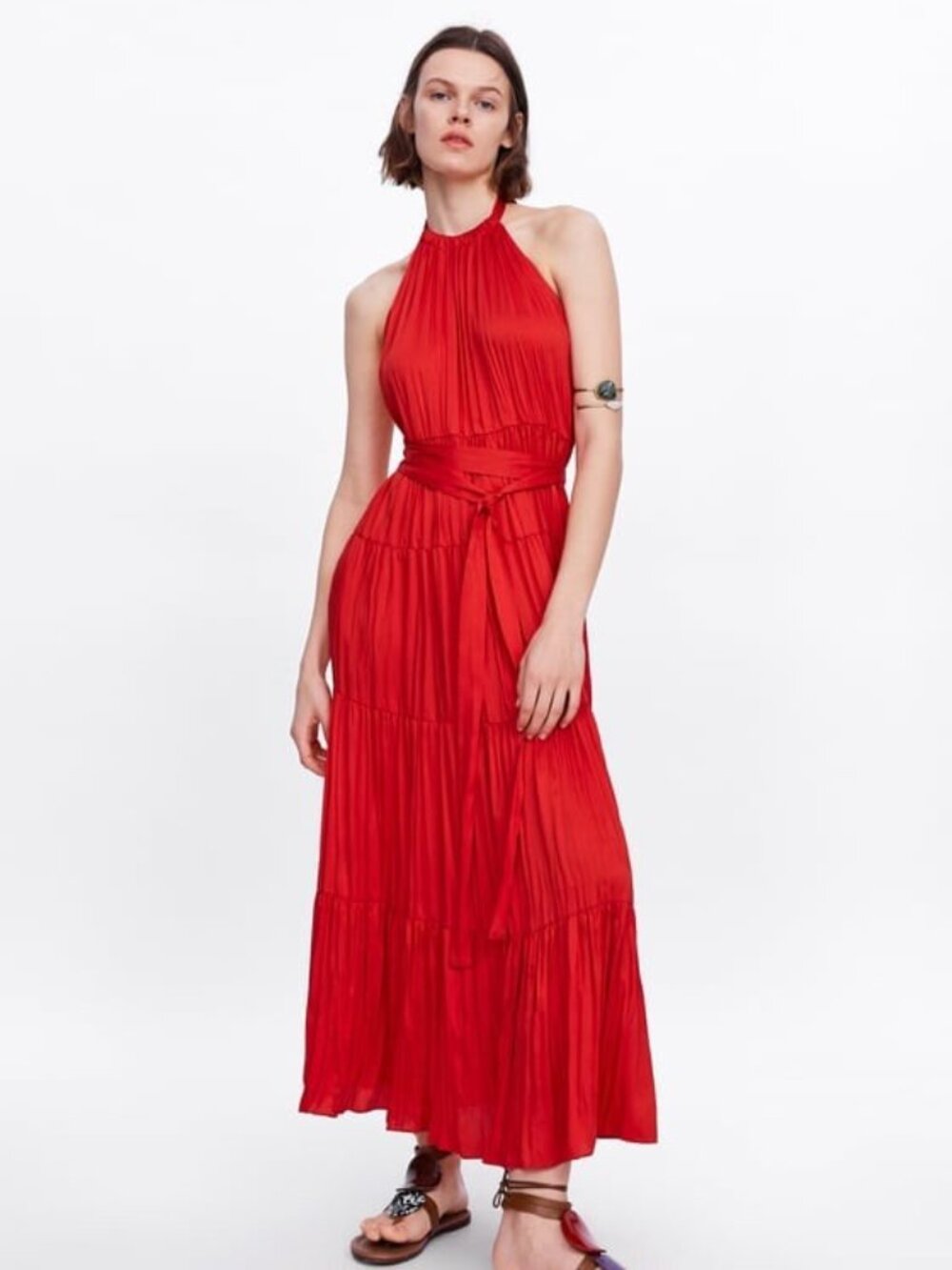 ZARA Red Halter Maxi Dress with Waist Tie